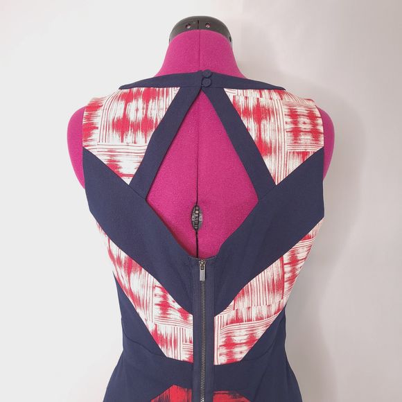 BCBGMaxazria Averie Ikat Red Blue Sheath Dress - Picture 6 of 9